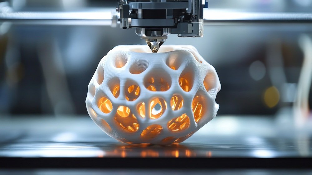 3D Printing Technology: A  white intricate sphere being made by a 3D printer